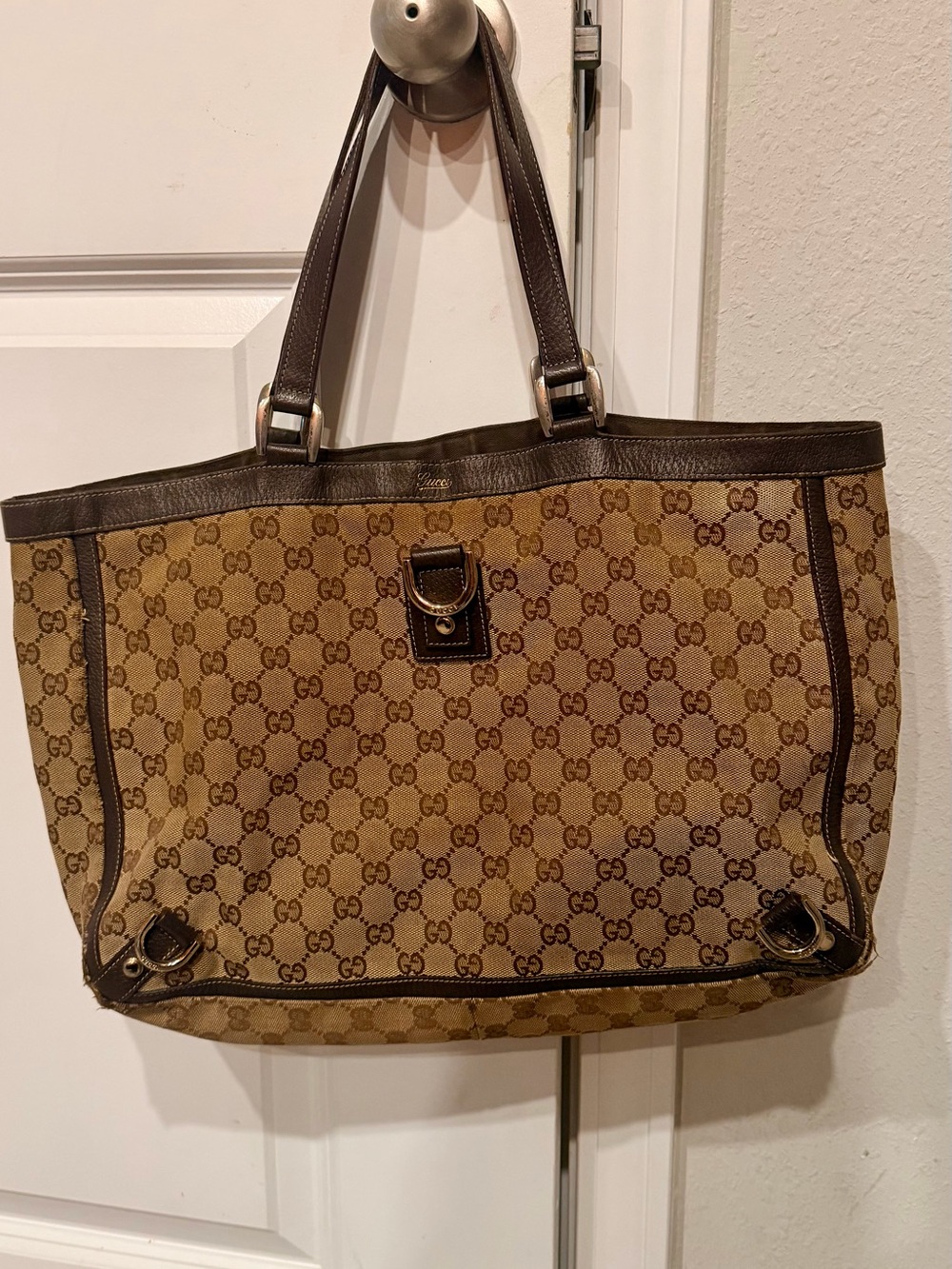 100% Authentic Gucci Beige and Brown GG Canvas Tote with Brown Leather Trim